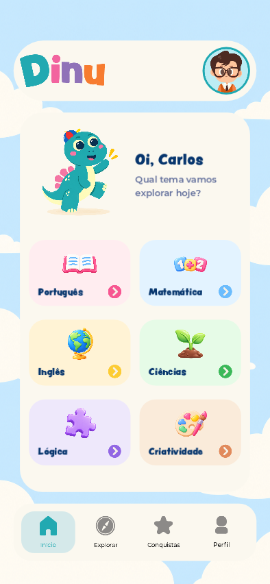 Tela do Dinu com atividades de Português, Matemática, Inglês, Ciências, Lógica e Criatividade